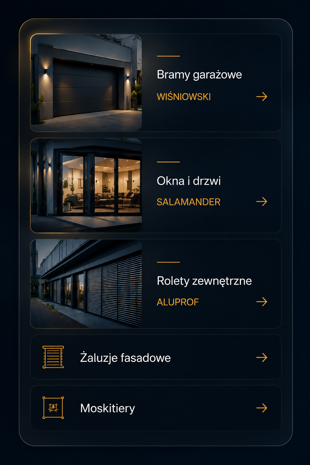 Oferta ECOMPLEX: bramy garażowe Wiśniowski, okna i drzwi Salamander, rolety zewnętrzne Aluprof, żaluzje fasadowe i moskitiery
